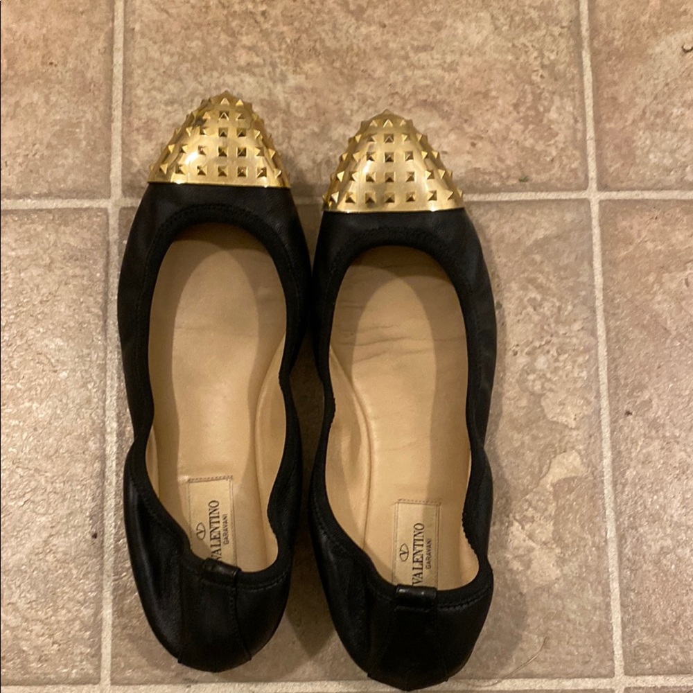 Valentino Black Flats with Gold Studded Toes